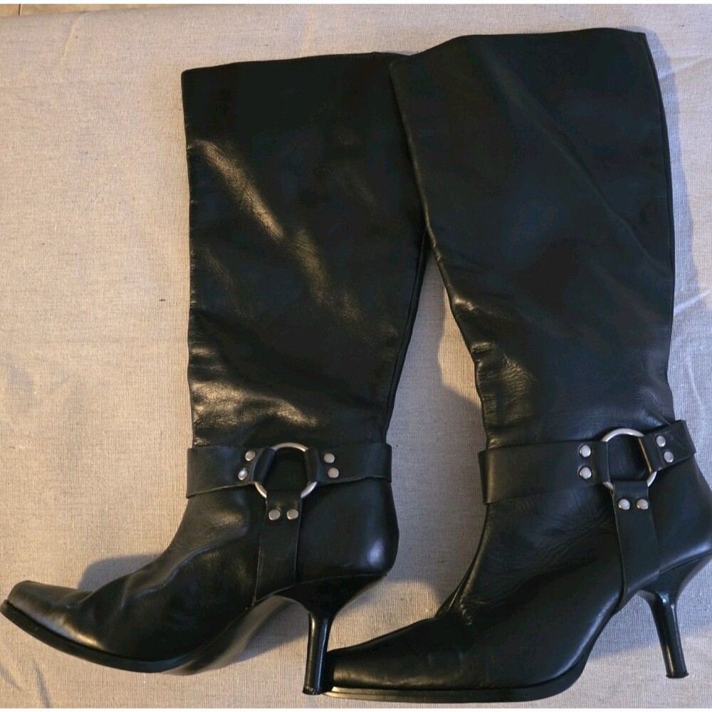 Colin Stuart Black Leather Knee High Riding Boots Buckle Straps Zip US 7
